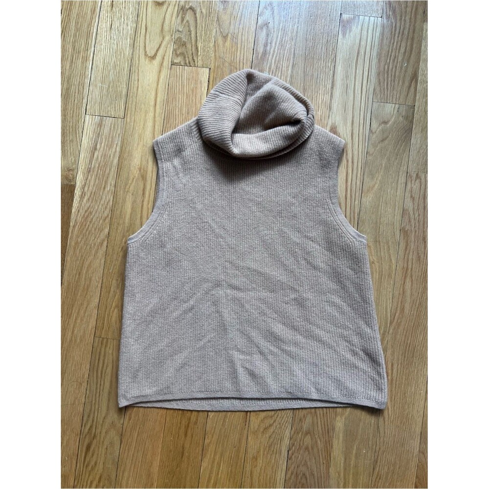 Saks Fifth Avenue Cashmere Sleeveless Ribbed Turtleneck Sweater Beige Oatmeal  L